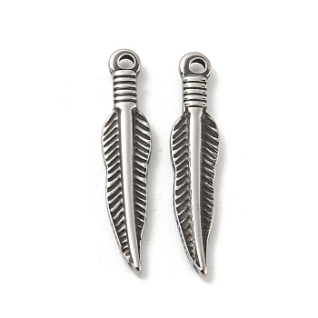 304 Stainless Steel Pendants, Feather Charm, Antique Silver, 28.5x6x2.5mm, Hole: 1.8mm