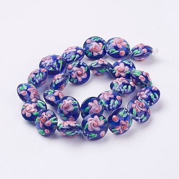 Handmade Bumpy Lampwork Beads Strands, Flat Round with Flower, Medium Blue, 17~20.5x10~14mm, Hole: 1.4mm