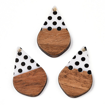 Printed Opaque Resin & Walnut Wood Pendants, Teardrop Charm with Polka Dot Pattern, White, 28x18x3~4mm, Hole: 1.8mm