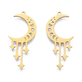 201 Stainless Steel Pendants, Moon Charm with Star, Real 18K Gold Plated, 39x17.5x1mm, Hole: 1.5mm