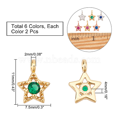 Nbeads 12Pcs 6 Colors Brass Inlaid Clear Cubic Zirconia Charms(ZIRC-NB0001-72)-2