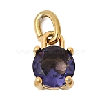 Birthdaystone Theme February 304 Stainless Steel Charms, Round, with K9 Glass, Ion Plating(IP), Polished Finish, with Jump Ring, Faceted, Golden, Purple, 10.5x7x6mm, Hole: 2.2x4.4mm(STAS-B128-60G-02)