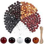 250Pcs 5 Colors Spray Painted Round Natural Schima Wood Beads, with 1Bundle Jute Twines, Mixed Color, 8~8.5x6.8mm, Hole: 1.8~2mm(WOOD-PA0001-74)