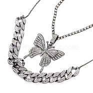 Alloy Rhinestone Pendant Necklaces & Adjustable Slider Necklaces Sets, with Box Chains and Curb Chains, Butterfly, Gunmetal, 15.7 inch(40cm), 30.7 inch(78cm), 2pcs/set(NJEW-Z012-03B)