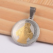 Flat Round with Virgin Mary & Word 304 Stainless Steel Pendants, Golden & Stainless Steel Color, 21.8x19x3.5mm, Hole: 4x6.5mm(X-STAS-I036-02B)