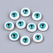 Natural Freshwater Shell Beads, with Enamel, Flat Round with Evil Eye, Light Sea Green, 9x3.5mm, Hole: 0.8mm(SHEL-T018-09A-02)