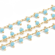 Handmade Glass Beaded Chains, Soldered, with Spool, Brass Findings, Faceted, Round, Real 18K Gold Plated, Sky Blue, 5.5mm(CHC-S002-12B)