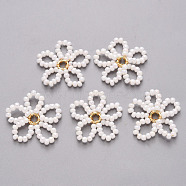 Glass Seed Beads Pendants, with Golden Tone Brass Findings, Flower, White, 19x18~19x2mm(FIND-R086-06A)