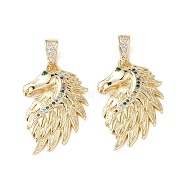 Brass Micro Pave Cubic Zirconia Pendants, Real 16K Gold Plated, Horse Charms, Colorful, 29x19x4mm, Hole: 7mm(KK-M240-08A)
