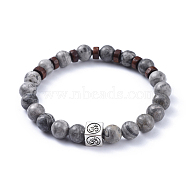 Natural Picasso Jasper Stretch Bracelets, with Wood Beads and Tibetan Style Alloy Beads, Cube with Om Symbol, 2-3/8 inch(5.9cm)(BJEW-JB04492-05)
