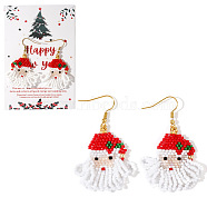 Bohemian Santa Claus Tassel Glass Beads Dangle Earrings, Christmas Paper Card Jewelry, Golden, 120x80mm(LB4311)