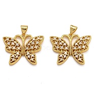 Brass Micro Pave Clear Cubic Zirconia Pendants, Long-Lasting Plated, Butterfly, Real 18K Gold Plated, 20.5x25x3.5mm, Hole: 3x4.5mm(ZIRC-J025-14G)