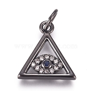 Brass Micro Pave Cubic Zirconia Pendants, with Jump Ring, Triangle with Evil Eye, Clear, Gunmetal, 13x12x2mm, Hole: 2.4mm(KK-D156-02B)