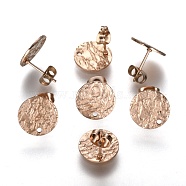 Ion Plating(IP) 304 Stainless Steel Stud Earring Findings, with Earring Backs & Loop, Textured, Flat Round, Rose Gold, 12mm, Hole: 1.4mm, Pin: 0.8mm(STAS-I157-11B-RG)