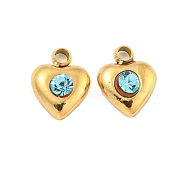 304 Stainless Steel Pendants, with Rhinestone, Heart Charms, Real 14K Gold Plated, Aquamarine, 7x6x2.5mm, Hole: 1.2mm(STAS-L080-008G-04)