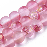 Frosted Spray Painted Glass Beads Strands, with Golden Foil, Round, Camellia, 8~9mm, Hole: 1.2~1.5mm, about 46~56pcs/Strand, 14.37 inch~16.3 inch(36.5~41.4cm)(X-GLAA-N035-03C-C04)