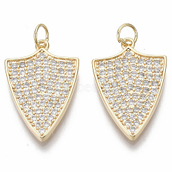 Brass Micro Pave Cubic Zirconia Pendants, Nickel Free, Shield, Clear, Real 18K Gold Plated, 23x15.5x2mm, Hole: 4mm(KK-R130-021G-NF)