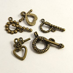 Tibetan Style Toggle Clasps, Mixed Shape, Antique Bronze, Nickel Free, Toggle: 10~25x13~21x1.5~4mm, Bar: 5~9x13~35x1.5~4mm, Hole: 1~4mm(TIBE-A001-AB-NF)