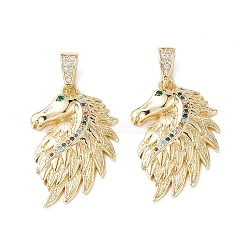 Brass Micro Pave Cubic Zirconia Pendants, Real 16K Gold Plated, Horse Charms, Colorful, 29x19x4mm, Hole: 7mm(KK-M240-08A)