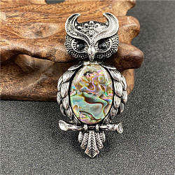 Antique Silver Owl Brooch Pins, with Natural Paua Shell, 69x23mm(PW-WG382CA-02)