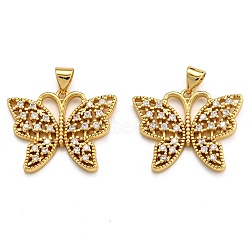 Brass Micro Pave Clear Cubic Zirconia Pendants, Long-Lasting Plated, Butterfly, Real 18K Gold Plated, 20.5x25x3.5mm, Hole: 3x4.5mm(ZIRC-J025-14G)