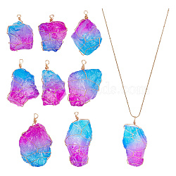 8Pcs Electroplated Raw Rough Natural Quartz Crystal Big Pendants, Light Gold Plated Copper Wire Wrapped Nuggets Charms, Two Tone, Medium Violet Red, 43~63mm, Hole: 3mm(PALLOY-AB00183)