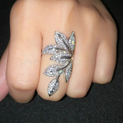 Brass Micro Pave Clear Cubic Zirconia Finger Rings, Leaf, Platinum, US Size 6(16.5mm)(FS-WG77E03-01)