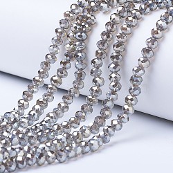 Electroplate Glass Beads Strands, Platinum Plated, Faceted, Rondelle, Dark Gray, 6x5mm, Hole: 1mm, about 85~88pcs/strand, 16.1~16.5 inch(41~42cm)(EGLA-A034-T6mm-C10)