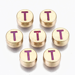 Alloy Enamel Beads, Cadmium Free & Lead Free, Flat Round with Initial Letters, Light Gold, Orchid, Letter.T, 8x4mm, Hole: 1.5mm(ENAM-S122-029T-RS)