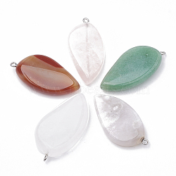 Natural Mixed Stone Pendants, with Platinum Tone Brass Findings, Leaf, 43~48x22~25x8~9mm, Hole: 1.5mm(G-T099-12)