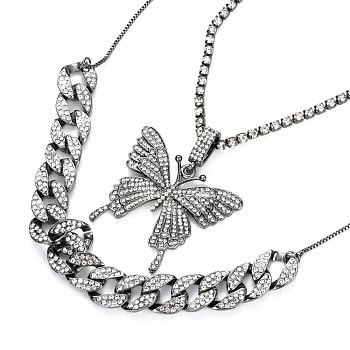 Alloy Rhinestone Pendant Necklaces & Adjustable Slider Necklaces Sets, with Box Chains and Curb Chains, Butterfly, Gunmetal, 15.7 inch(40cm), 30.7 inch(78cm), 2pcs/set