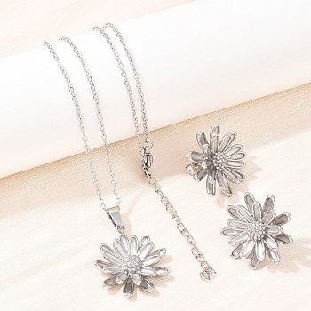 304 Stainless Steel Pendant Necklaces & Stud Earrings Set for Women, Flower, Stainless Steel Color, Necklace: 17.91 inch(45.5cm)