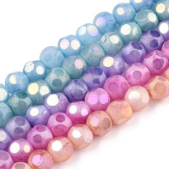 Opaque Frosted Glass Beads Strands, AB Color Plated, Faceted, Round, Mixed Color, 6.5x6mm, Hole: 1.5mm, about 70pcs/strand, 16.38 inch(41.6cm)