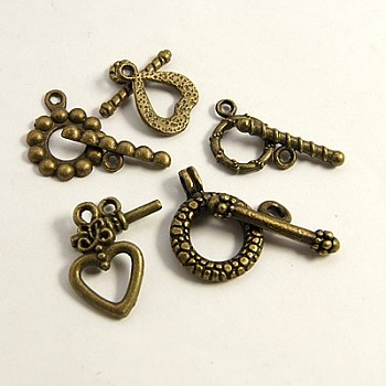 Tibetan Style Toggle Clasps, Mixed Shape, Antique Bronze, Nickel Free, Toggle: 10~25x13~21x1.5~4mm, Bar: 5~9x13~35x1.5~4mm, Hole: 1~4mm