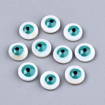Natural Freshwater Shell Beads, with Enamel, Flat Round with Evil Eye, Light Sea Green, 9x3.5mm, Hole: 0.8mm
