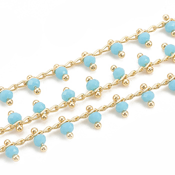 Handmade Glass Beaded Chains, Soldered, with Spool, Brass Findings, Faceted, Round, Real 18K Gold Plated, Sky Blue, 5.5mm