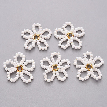 Glass Seed Beads Pendants, with Golden Tone Brass Findings, Flower, White, 19x18~19x2mm