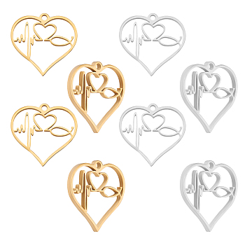 8Pcs 2 Colors 304 Stainless Steel Pendants, Hollow, Heart with Heartbeat, Golden & Stainless Steel Color, 22x23x1.6mm, Hole: 1.8mm, 4pcs/color