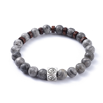 Natural Picasso Jasper Stretch Bracelets, with Wood Beads and Tibetan Style Alloy Beads, Cube with Om Symbol, 2-3/8 inch(5.9cm)