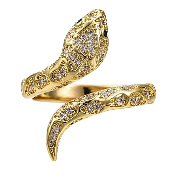 Snake Cuff Ring for Girl Women, Green Eye Cubic Zirconia Open Ring, Brass Micro Pave Clear Cubic Zirconia Rings, Real 16K Gold Plated, Inner Diameter: 16.3~17.4mm