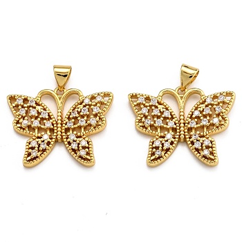 Brass Micro Pave Clear Cubic Zirconia Pendants, Long-Lasting Plated, Butterfly, Real 18K Gold Plated, 20.5x25x3.5mm, Hole: 3x4.5mm