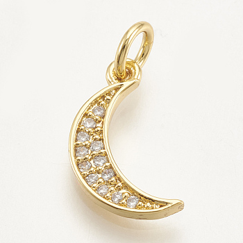 Brass Micro Pave Cubic Zirconia Charms, Moon, Clear, Golden, 14x7.5x1.5mm, Hole: 3mm