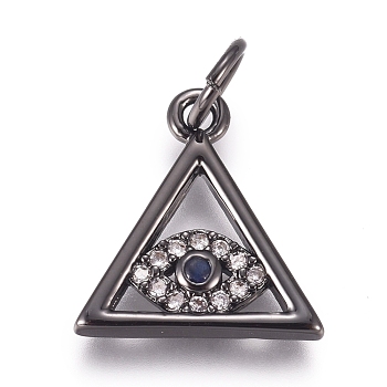 Brass Micro Pave Cubic Zirconia Pendants, with Jump Ring, Triangle with Evil Eye, Clear, Gunmetal, 13x12x2mm, Hole: 2.4mm