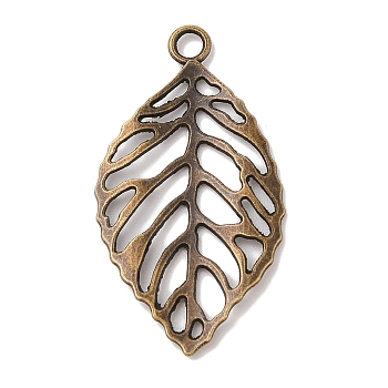 Tibetan Style Alloy Filigree Leaf Pendants, Cadmium Free & Nickel Free & Lead Free, Antique Bronze, 48.5x26x1.5mm, Hole: 4mm, about 341pcs/1000g