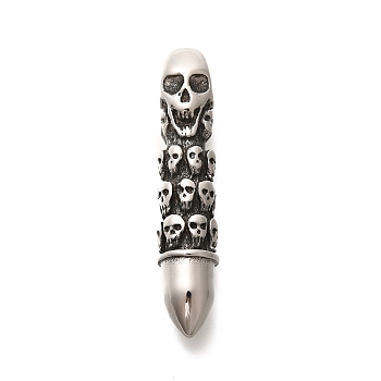 304 Stainless Steel Pendants, Skull Bullet Charm, Antique Silver, 45x8.5x9mm, Hole: 6.3x4mm