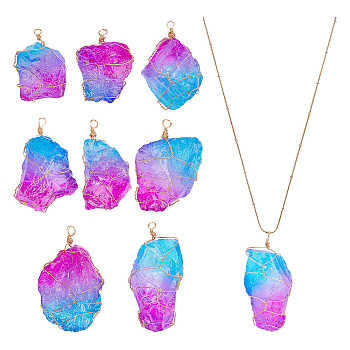 8Pcs Electroplated Raw Rough Natural Quartz Crystal Big Pendants, Light Gold Plated Copper Wire Wrapped Nuggets Charms, Two Tone, Medium Violet Red, 43~63mm, Hole: 3mm