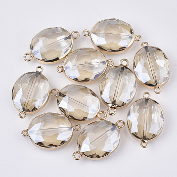 Electroplate Glass Links connectors, with Edge Golden Plated Iron Loops, Faceted, Oval, Clear, 31~34x20x9mm, Hole: 2mm
