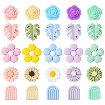 25Pcs 25 Styles Food Grade Eco-Friendly Silicone Focal Beads, Flower Leaf Theme, Mixed Color, 19.5~26x17~27x6~12.5mm, Hole: 2mm, 1pc/style