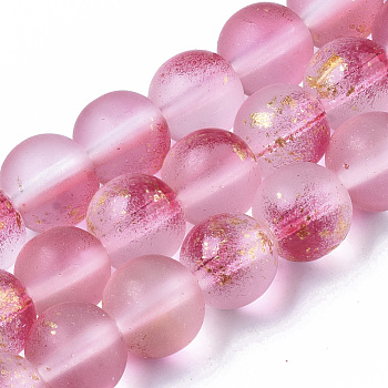 Frosted Spray Painted Glass Beads Strands, with Golden Foil, Round, Camellia, 8~9mm, Hole: 1.2~1.5mm, about 46~56pcs/Strand, 14.37 inch~16.3 inch(36.5~41.4cm)