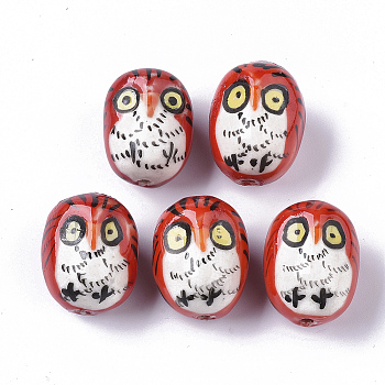 Handmade Porcelain Beads, Famille Rose Style, Owl, Red, 20~23x16~18x16~17.5mm, Hole: 1.6~2.5mm